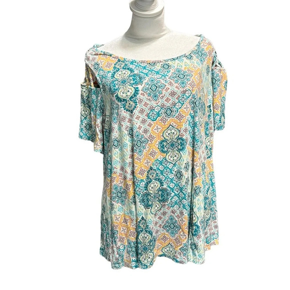 Westport women's size 2XL stretch blouse, yellow, white and blue - Picture 1 of 5